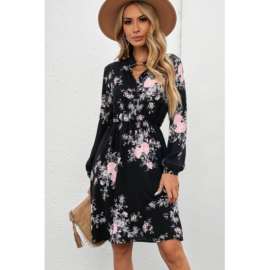 Black Floral Print Elastic Waist Button Mini Dress