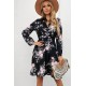 Black Floral Print Elastic Waist Button Mini Dress