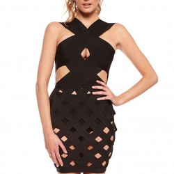 Black Celeb Style Crisscross Caged Bandage Dress