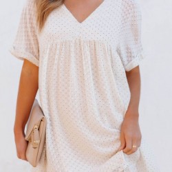 White Polka Dot Textured V Neck Babydoll Dress