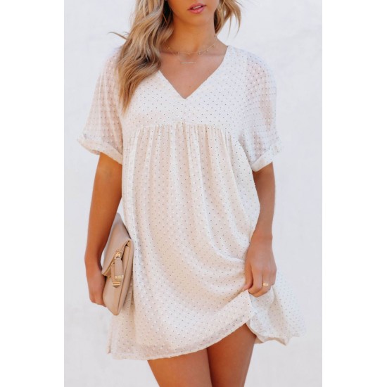 White Polka Dot Textured V Neck Babydoll Dress