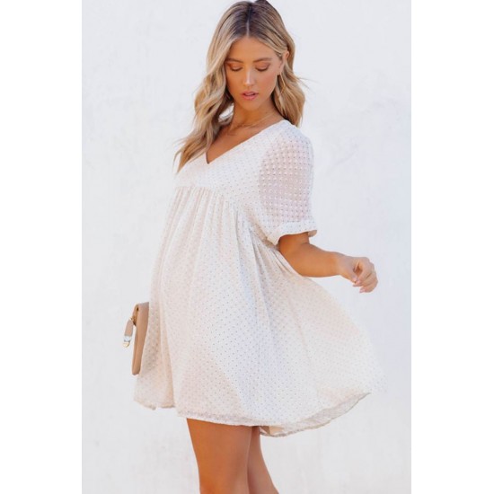 White Polka Dot Textured V Neck Babydoll Dress