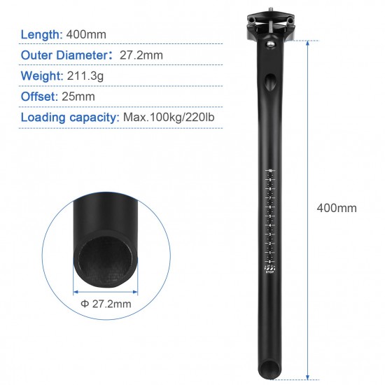 Bicycle Carbon Fiber Seat Post 27.2mm 400mm Cycling Seatpost 25mm Offset Adjustable Seatpost for Road Bicycles Mountain Bikes