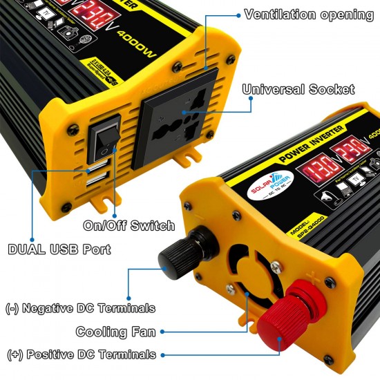 Modified Sine Wave Inverter High Frequency 4000W Peak Power Watt Power Inverter DC 12V to AC 220V Converter Car Power Charger Inverter with 2.1A Dual USB Port Battery Clips Display Screen