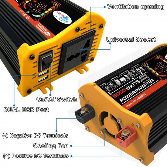 Modified Sine Wave Inverter High Frequency 6000W Peak Power Watt Power Inverter DC 12V to AC 220V Converter Car Power Charger Inverter with 2.1A Dual USB Port Battery Clips Display Screen