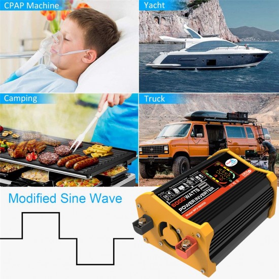 Modified Sine Wave Inverter High Frequency 6000W Peak Power Watt Power Inverter DC 12V to AC 220V Converter Car Power Charger Inverter with 2.1A Dual USB Port Battery Clips Display Screen