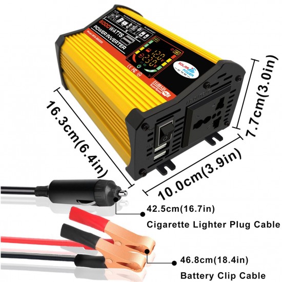 Modified Sine Wave Inverter High Frequency 6000W Peak Power Watt Power Inverter DC 12V to AC 220V Converter Car Power Charger Inverter with 2.1A Dual USB Port Battery Clips Display Screen