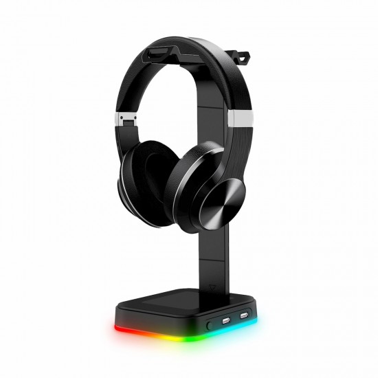 RGB Gaming Headset Stand With USB/Type-C Charger Ports Gaming Headset Holder Hanger with Stable Base for All Over-Ear Headphones