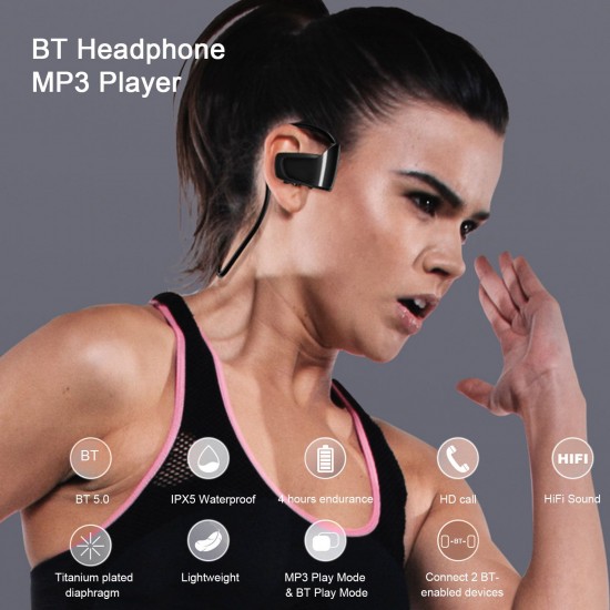 8GB MP3 Player Wireless Bluetooth 5.0 Headphone IPX5 Waterproof Music Earphone Outdoor Sports Headset with Mic for Mobile Phone