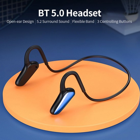 BT 5.0 Headset with Mic Open-ear Design 5.2 Surround Sound Flexible Headband 3 Controlling Buttons IP67 WaterProof, Blue