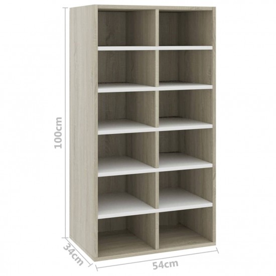  Shoe Rack White and Sonoma Oak 54x34x100.5 cm Chipboard