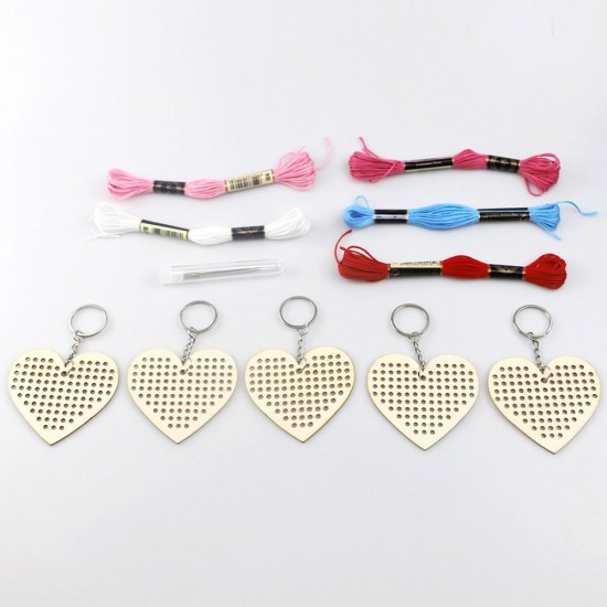 5Pcs Wooden Heart with Colour Embroidery Threads DIY Craft Kit Home Decor Cross-stitch Keyring