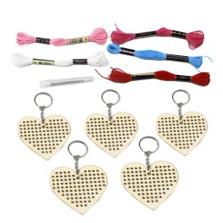 5Pcs Wooden Heart with Colour Embroidery Threads DIY Craft Kit Home Decor Cross-stitch Keyring