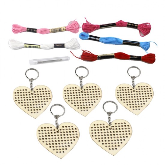 5Pcs Wooden Heart with Colour Embroidery Threads DIY Craft Kit Home Decor Cross-stitch Keyring