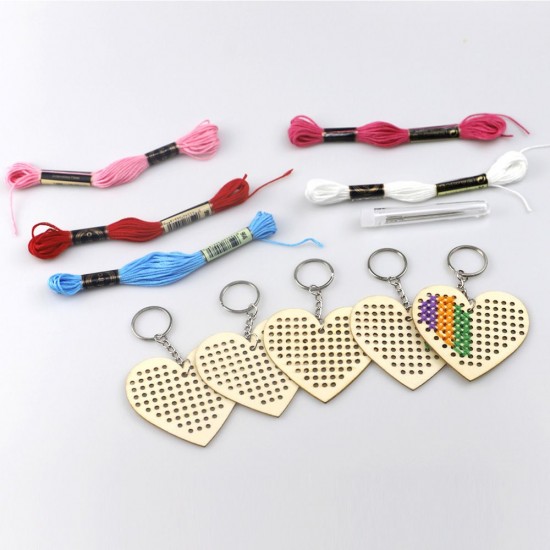 5Pcs Wooden Heart with Colour Embroidery Threads DIY Craft Kit Home Decor Cross-stitch Keyring