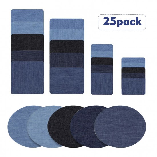 Premium Quality Denim Iron on Jean Patches No-Sew Shades of Blue Black 25 Pieces Assorted Cotton Jeans Repair Kit