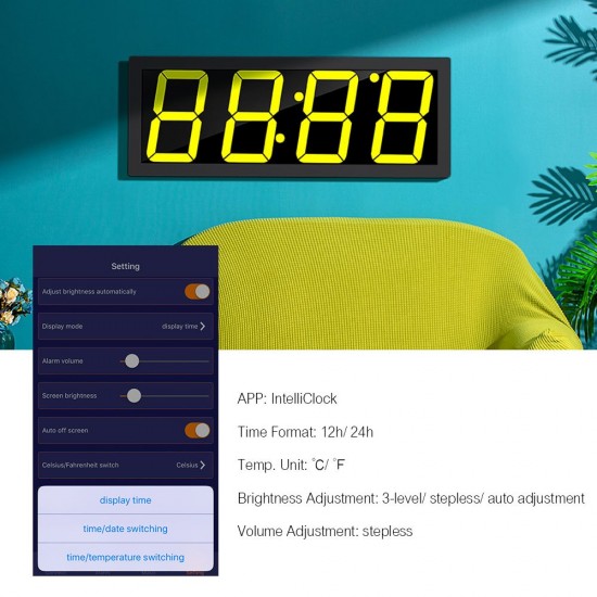 Smart Large Digital Wall Clock APP Control Time/ Date/ Temperature 100 Colors Display Record & Sound Activate & Countdown Function Stepless Brightness & Volume Alarm with Snooze