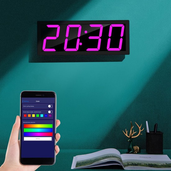 Smart Large Digital Wall Clock APP Control Time/ Date/ Temperature 100 Colors Display Record & Sound Activate & Countdown Function Stepless Brightness & Volume Alarm with Snooze