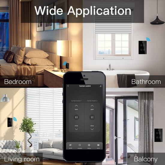 90-250V Wi-Fi Smart Curtain Switch Voice Control, Remote Control, RF433, Touch Control Compatible with Alexa Google Home Schedule, Timer, Countdown Needs Neutral Wire No Hub Required