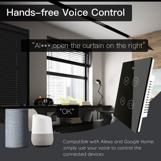 90-250V Wi-Fi Smart Curtain Switch Voice Control, Remote Control, RF433, Touch Control Compatible with Alexa Google Home Schedule, Timer, Countdown Needs Neutral Wire No Hub Required