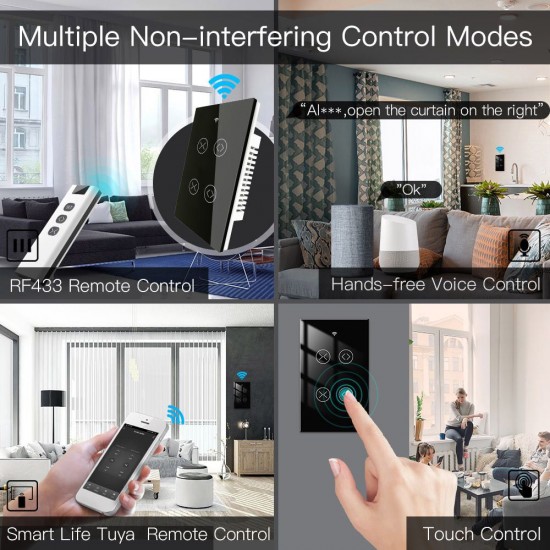 90-250V Wi-Fi Smart Curtain Switch Voice Control, Remote Control, RF433, Touch Control Compatible with Alexa Google Home Schedule, Timer, Countdown Needs Neutral Wire No Hub Required