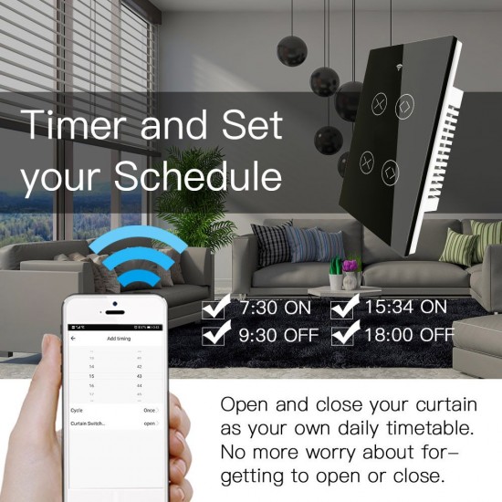 90-250V Wi-Fi Smart Curtain Switch Voice Control, Remote Control, RF433, Touch Control Compatible with Alexa Google Home Schedule, Timer, Countdown Needs Neutral Wire No Hub Required