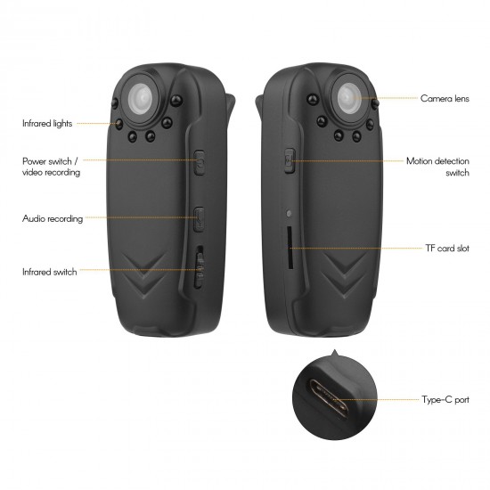 Wearable Body Camera Multifunctional Video Recorder with Motion Detection Infrared Night Vision for Home Security Car Office