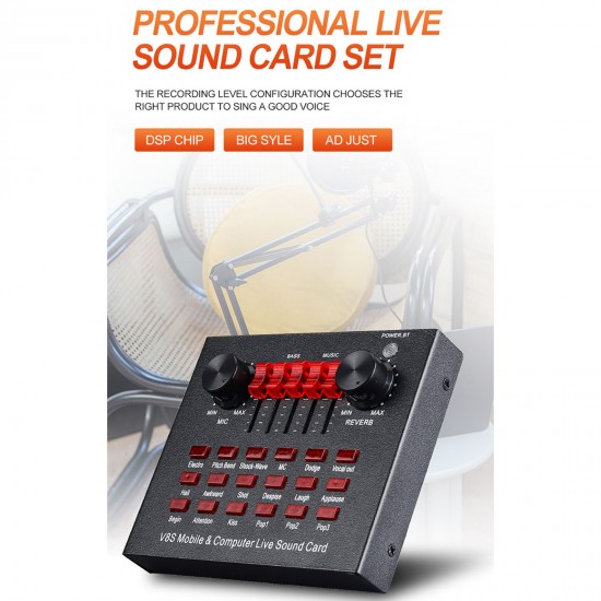 V8S Audio Karaoke BT Mixer Multifunctional External Sound Card 6 Sound Modes 12 Sound Effects for Online Singing Chatting Live Video Music Recording