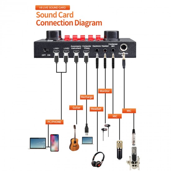 V8S Audio Karaoke BT Mixer Multifunctional External Sound Card 6 Sound Modes 12 Sound Effects for Online Singing Chatting Live Video Music Recording