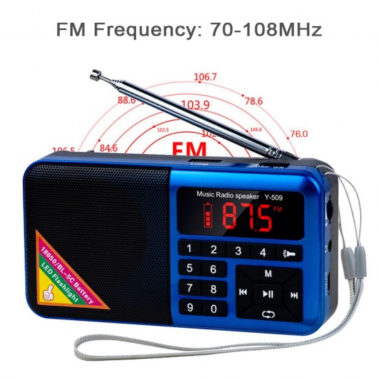 Y-509 Portable FM Radio Mini Digital Raido Speaker with LED Flashlight Screen Display MP3 Music Player