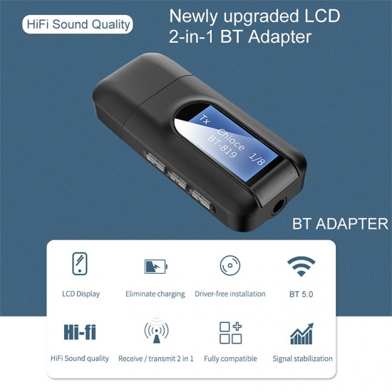 2 in 1 USB Bluetooth 5.0 Transmitter Receiver with LCD Display 3.5MM AUX Stereo for PC TV Car Headphones Wireless Adapter