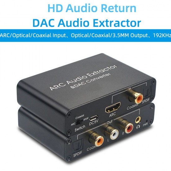 192KHz ARC Audio Adapter HD Audio Extractor Digital to Analog Audio Converter DAC SPDIF Coaxial RCA 3.5mm Jack Output