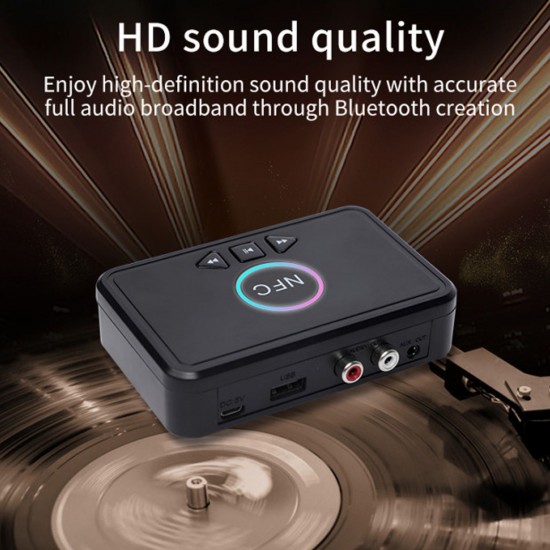 NFC Bluetooth 5.0 Receiver Wireless Audio Receiver Adapter with Microphone RCA AUX Out U Disk Music Playback for Headphones Speaker Home Audio System