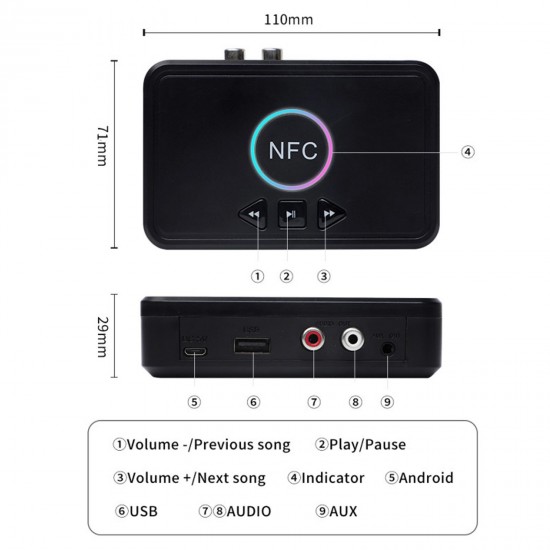 NFC Bluetooth 5.0 Receiver Wireless Audio Receiver Adapter with Microphone RCA AUX Out U Disk Music Playback for Headphones Speaker Home Audio System