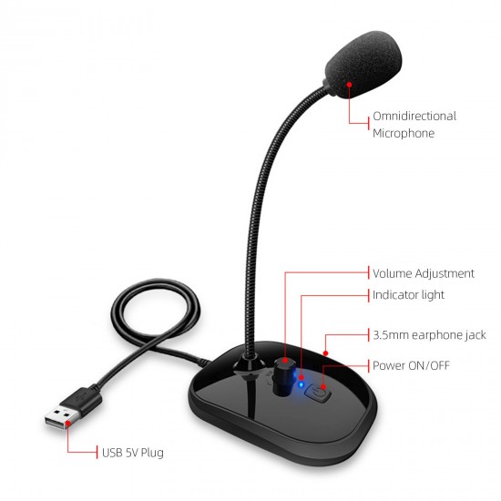 SK-30 USB Desktop Microphone with Mute Button Volume Adjustment Plug&Play Condenser for Laptop Computer PC 360 Gooseneck Design for Recording Gaming