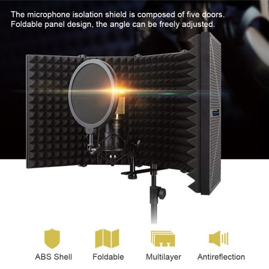 Microphone Isolation Shield 5-Panel Recording Microphone Wind Screen for Recording Studio Foldable High-Density Absorbing Sponge Sheild Sound-absorbing Cover Microphone Sound Insulation Screen