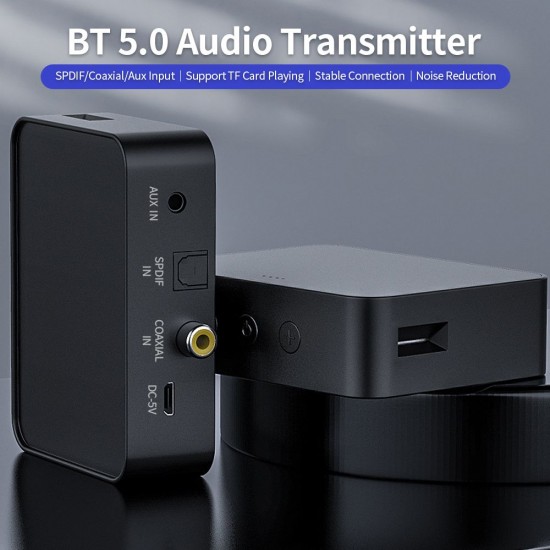 BT 5.0 Audio Transmitter with TF Card Slot SPDIF/Coaxial/Aux Ports for TV Desktop Game Console to BT Headset Speaker, Black