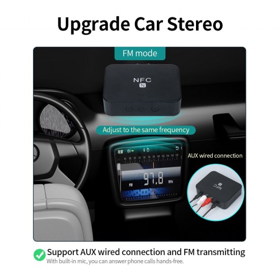 BT 5.0 Audio Receiver with NFC Function RCA AUX Ports for Home/Car Stereo Support FM Transmitting TF Card Playing