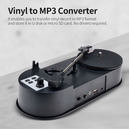 Direct-drive Vinyl to MP3 Converter Turntable to MP3 Adapter to U Disk/ Micro SD Card 3.5mm AUX Port 2 Adjustable Speeds, Black