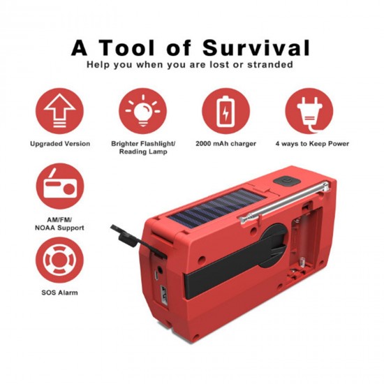 AM/FM & NOAA Emergency Radio Hand Crank Radio with Flashlight for SOS Emergency Portable Solar Radios Self Powered AM/FM Radio with 2000mAh Power Bank Cell Phone Charger USB Rechargeable Great Emergency Supplies(AAA Battery not Included)