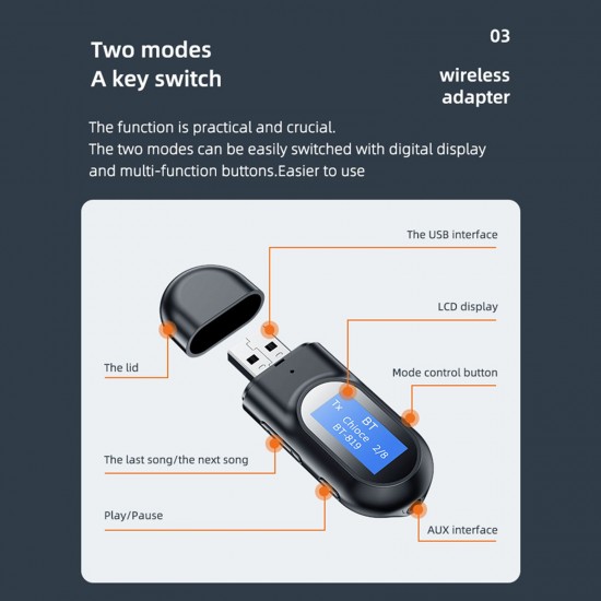 BT-17 USB Audio Transmitter Receiver BT5.0 Wireless Music Adapter LCD Display 3.5mm AUX Audio Adapter for TV Speaker Headphones Car Stereo