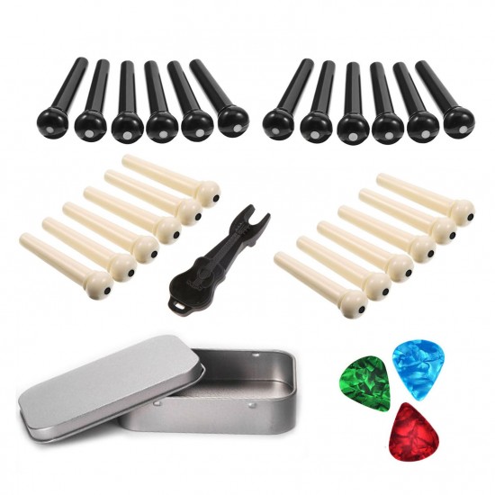 Acoustic Folk Guitar Accessories Kit Including 24pcs Bridge Pins + 3pcs Celluloid Picks(Random Color Delivery) + 1 Bridge Pin Puller + 1 Metal Storage Box