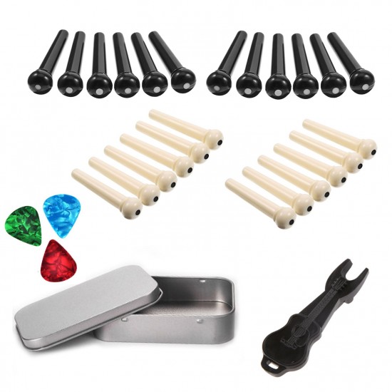 Acoustic Folk Guitar Accessories Kit Including 24pcs Bridge Pins + 3pcs Celluloid Picks(Random Color Delivery) + 1 Bridge Pin Puller + 1 Metal Storage Box