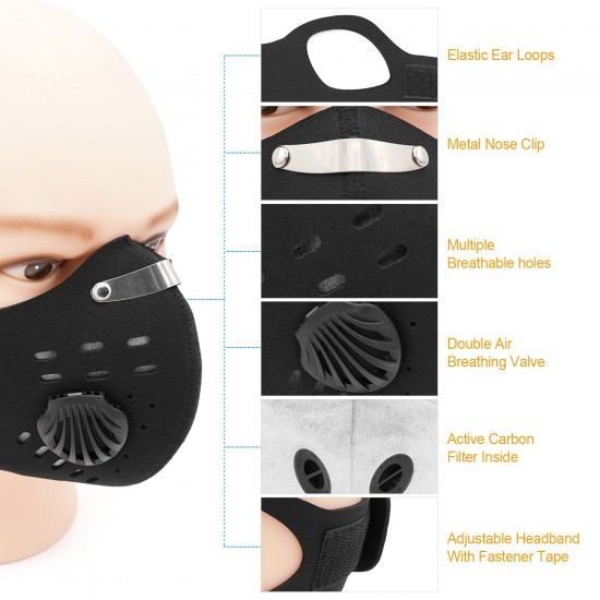 Adults Mouth Mask with Double Valves Active Carbon Filter Adjustable Safety Mask Reusable Breathing Valve Mask for Running Cycling Camping Traveling